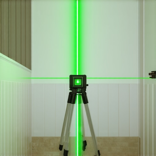 Using a Laser Level for Perfect Tile Alignment Professional green beam laser level projecting a line on a bathroom tile wall during installation.