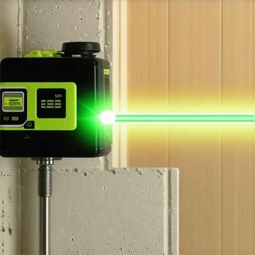 Using a Laser Level for Shower Tile Alignment A green laser level projects a horizontal reference line on a shower backer board to ensure level tile installation.
