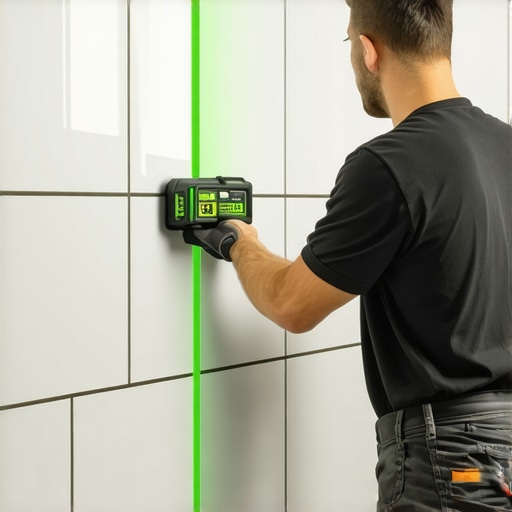 A laser level projecting a grid onto a wall for precise tile alignment.