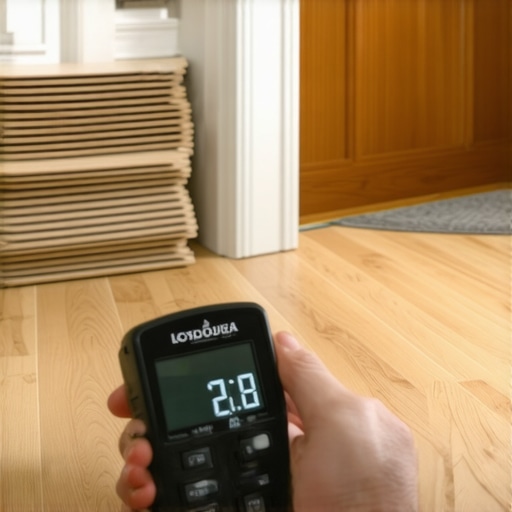 A hand holding a digital moisture meter against a subfloor to check for dampness before flooring installation.