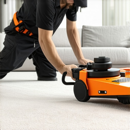 Using a Power Stretcher for Carpet Installation Professional power stretcher being used to tension carpet during installation to prevent ripples.