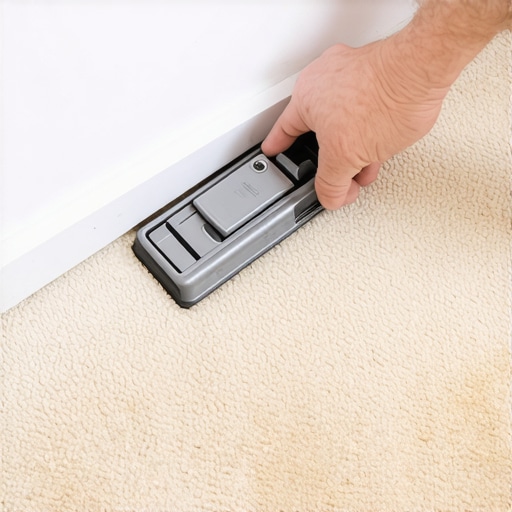 Using a Power Stretcher for Carpet Installation Close-up of a carpet power stretcher tool being used to remove ripples near a baseboard.