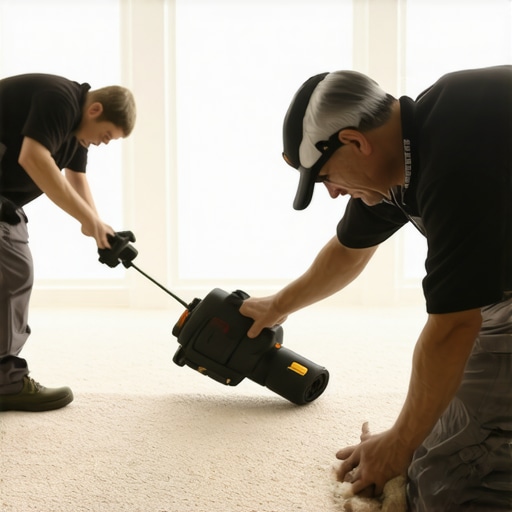 Contractor demonstrating the correct use of a carpet power stretcher to achieve proper floor tension.