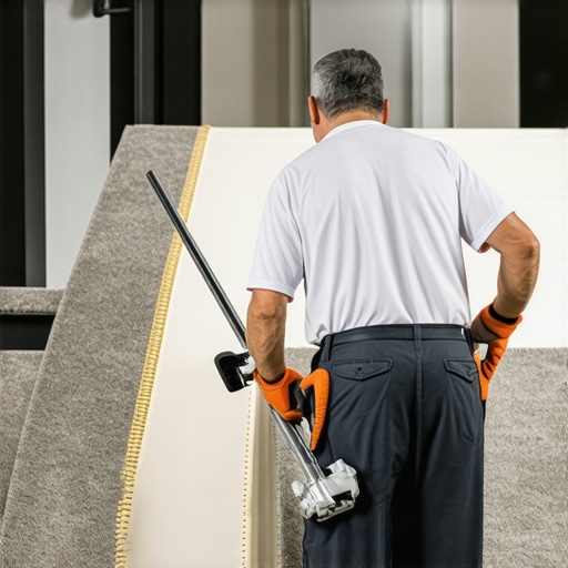 Using a Power Stretcher for Carpet Tension Professional carpet power stretcher in use on a new installation