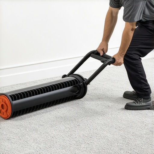 Professional flooring tool stretching carpet against a wall to prevent wrinkles