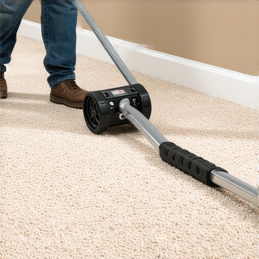 Professional power stretcher tool tensioning a carpet during installation to prevent ripples.