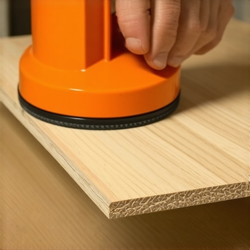Hand using a suction cup tool to fix a gap in laminate flooring