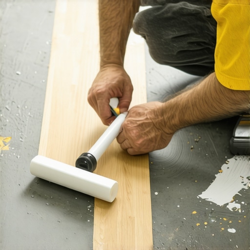 Using a Tapping Block for Vinyl Floor Installation Close-up of a person installing luxury vinyl plank flooring using a tapping block and mallet to ensure a tight seam.