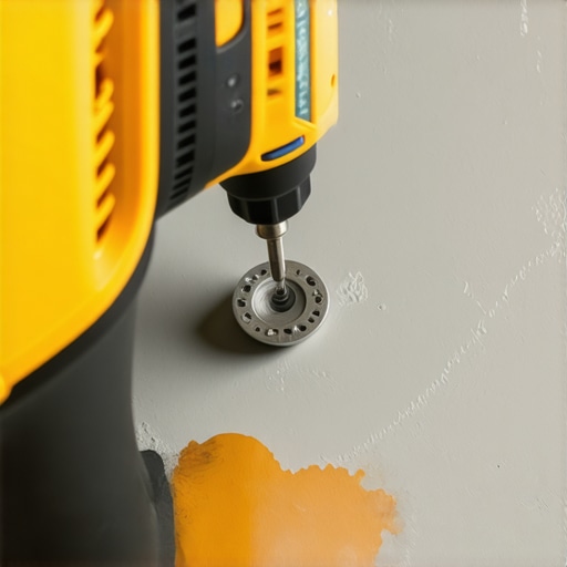 Close-up of a diamond hole saw starting a cut in porcelain tile at a 45-degree angle with water cooling.