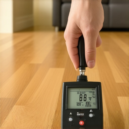 Using a moisture meter for flooring longevity A hand holding a digital pinless moisture meter against a light wood plank floor to check moisture levels.