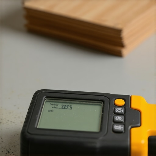 A digital moisture meter displaying a reading on a concrete floor before flooring installation.