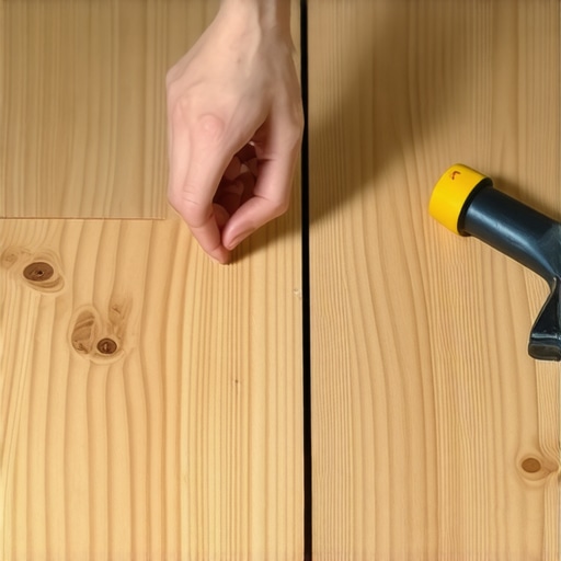 Hands locking a scrap piece of vinyl flooring into a gap for leverage.