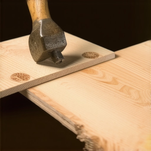 Close-up of a hammer striking a wooden tapping block on a hardwood floor installation.