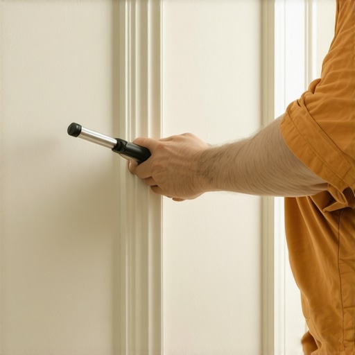 Close up of a scribe tool being used on a wooden baseboard against an uneven wall.