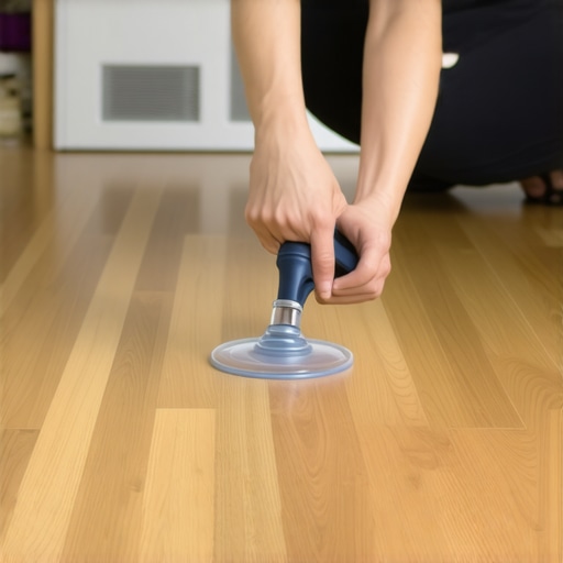 DIYer using a suction cup tool to close a gap in vinyl plank flooring near a heating vent