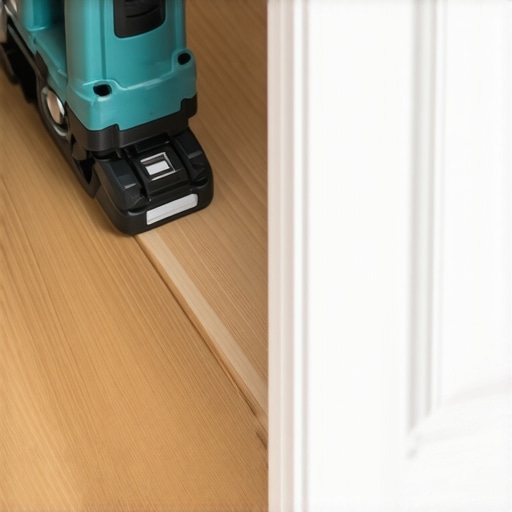 A worker using an oscillating tool to undercut a door casing for a perfect flooring fit.