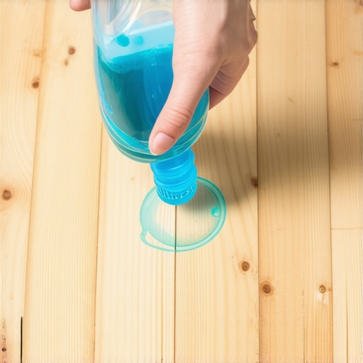A hand applying a ring of blue dish soap to a wooden subfloor to identify movement and noise.