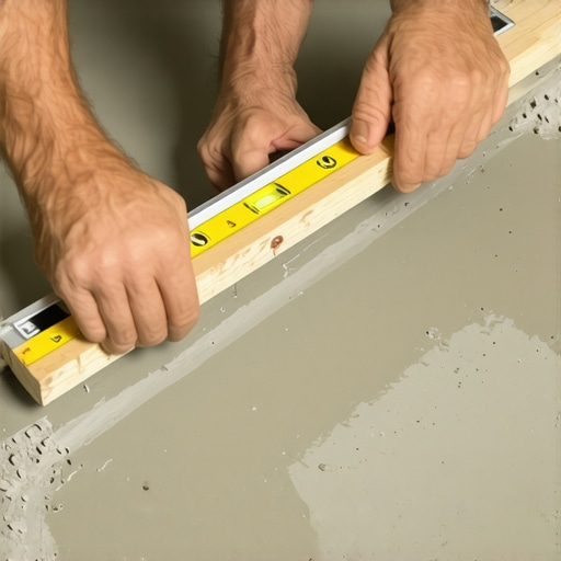 Verifying the shower floor slope with a level Contractor checking the 1/4 inch per foot slope on a shower base before tiling