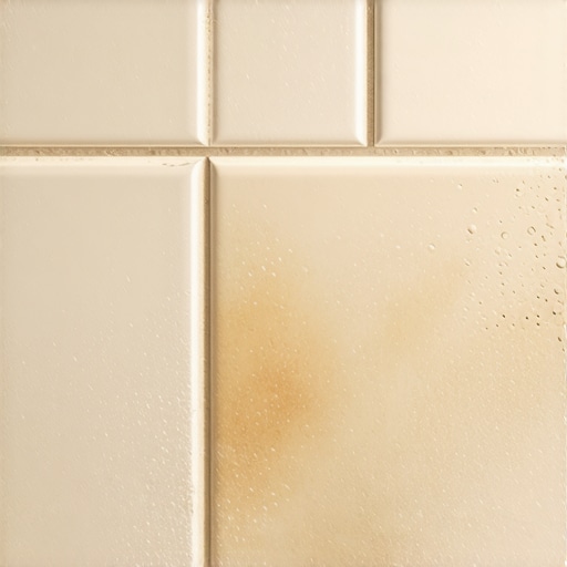 Close-up of water droplets beading on a sealed natural stone tile in a shower.