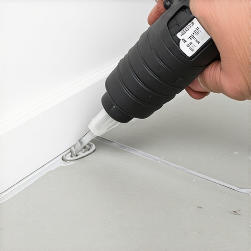 Applying a silicone bead to seal baseboards in a bathroom for moisture protection.