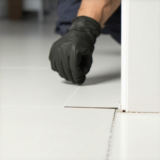 A contractor applying a silicone bead to the bottom of a bathroom baseboard to prevent water damage.